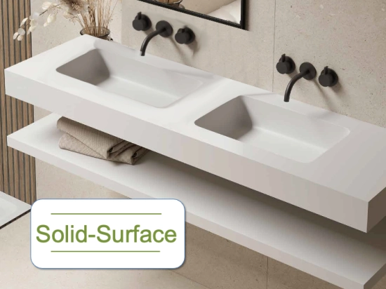 Plan vasque lavabo sur mesure : L 120 à 201 x P 40 à 51 cm, finition lisse mate, Anti bactérien, résine Solid Surface Akrytan® teinté dans la masse, Livraison Offerte.